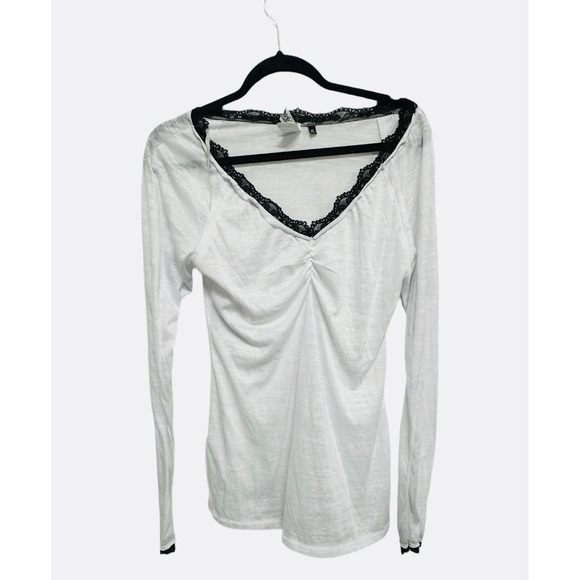 BKE Vintage Lace Trimmed Sheer VNeck Long Sleeve Black and White Y2K Grunge XL - Picture 1 of 5